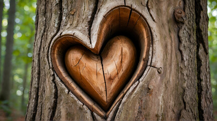 Love Valentine's day background - Natural carved heart formed in the tree trunk in forest. Generative.Ai - obrazy, fototapety, plakaty