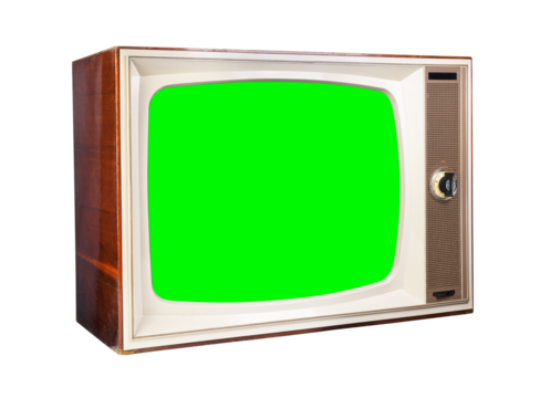 Old vintage 1970s TV with green screen for adding video isolated on white background.Vintage TVs 1960s 1970s 1980s 1990s 2000s. 