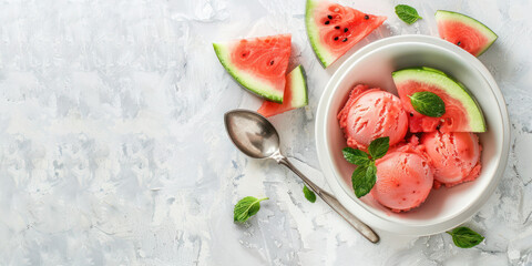 Refreshing Watermelon Sorbet with Fresh Mint. Bright watermelon sorbet scoops served in a bowl, complemented by fresh watermelon slices and mint leaves on light background with copy space. - obrazy, fototapety, plakaty