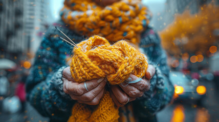 An elderly old lady knits things to sell. 