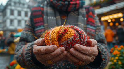 An elderly old lady knits things to sell.  - obrazy, fototapety, plakaty