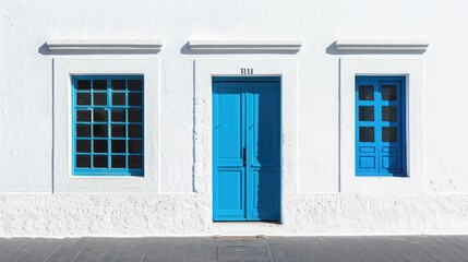 Traditional whitewashed building with blue doors and windows.