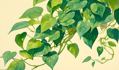 golden pothos plant vine with personality caricature, vintage art poster, Generative AI