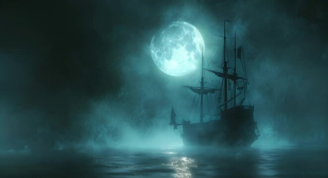 A ghost ship emerging from the fog at midnight, full moon above