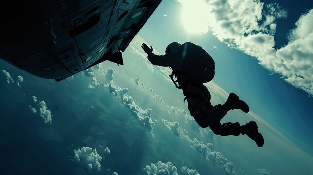 man with parasuit skydiving from jet in high altitude profile shot with clear sky background