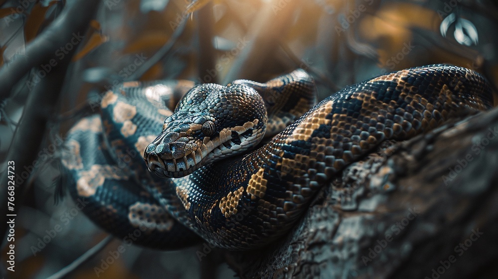 Wall mural closeup of python snake resting on a tree branch in the forest showcasing the reptile's scales and c