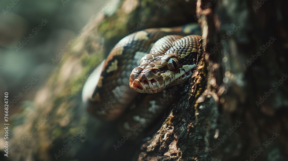 Wall mural python snake closeup resting on tree branch in the forest capturing the beauty of wildlife nature an