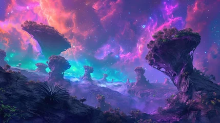 Zelfklevend Fotobehang Vibrant floating islands with lush, colorful trees defy gravity in an otherworldly cosmic space, creating a scene from a fantastical dream. Resplendent. © Summit Art Creations
