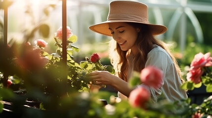 A female gardener in a straw hat takes care of beautiful rose bushes in a garden center.