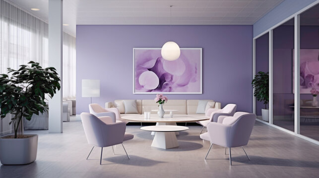 A stylish meeting area in striking lavender hues, accentuating an empty white frame amidst clean lines and contemporary furnishings.