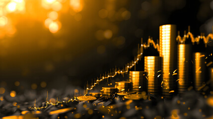 gold illustration with up and down graphs in a capital market with a blurry dark and golden background - obrazy, fototapety, plakaty