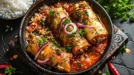 Stuffed zucchini with rice and vegetables in a sizzling skillet.