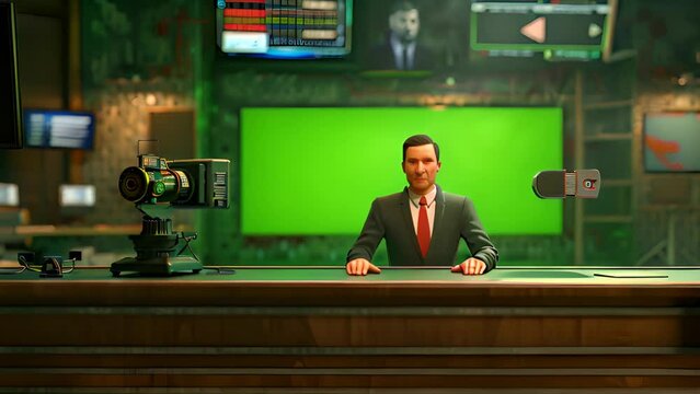 Professional news anchor presenting breaking news on a vibrant green background with confidence.