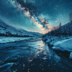 Winter Night's Dream: Cosmic Dance Over Snowy River - obrazy, fototapety, plakaty