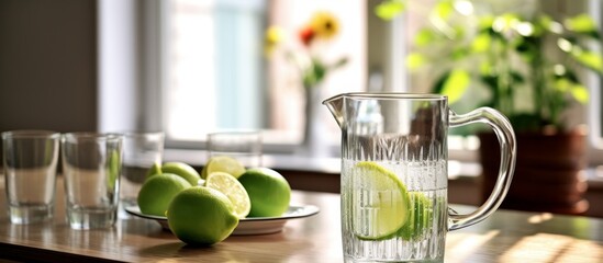 Tableware with a pitcher of water filled with Persian lime slices and apples. A refreshing and natural drink made with citrus fruit and sweet lemon - obrazy, fototapety, plakaty