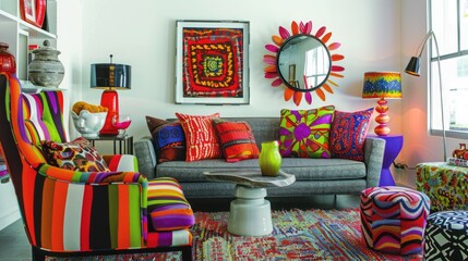 Obraz premium Vibrant eclectic living room with colorful striped armchair and sofa pillows.