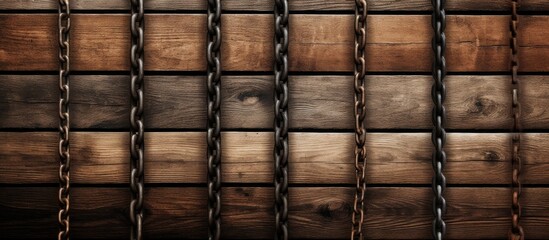 A closeup of a wooden facade with chains, showcasing the intricate pattern of the hardwood flooring and the symmetry of the metal chains embedded in the brown wood