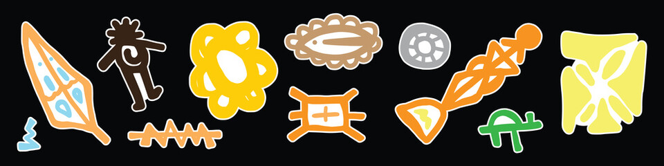 Abstract etnic sticker africa various bright doodle shapes and objects. Hand drawn Vector seamless Pattern. Background, wallpaper, Wrapping, textile template