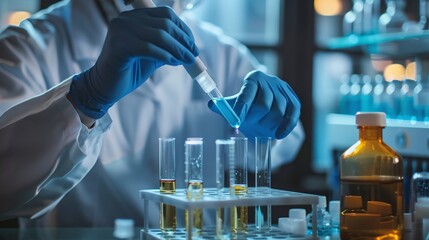 closeup of a scientist conducting laboratory analysis with blood samples and dna tests featuring medical research and innovative experiments in a lab setting