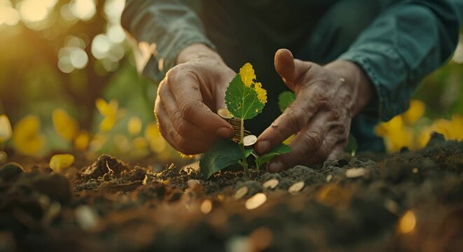 A farmer planting coin seeds that grow into a lush money tree, representing investment and yield.