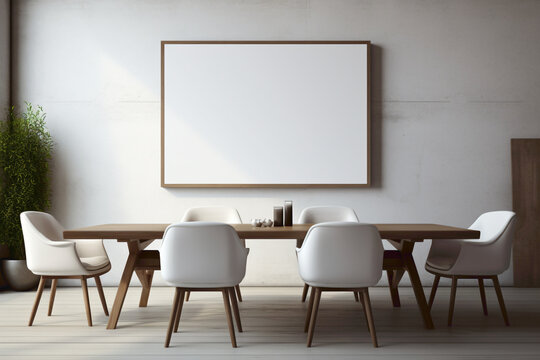 A sophisticatedly designed meeting space with sleek furniture and an empty white frame on the wall, providing a blank canvas for artwork or branding.