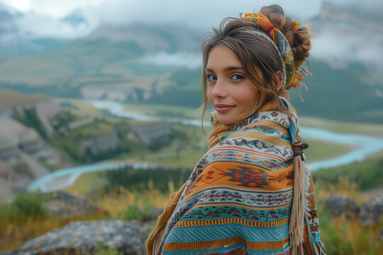 Young Native American woman stands on mountain peak with vibrant shawl draped over shoulders wallpaper copy space 