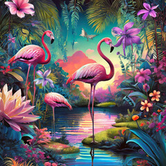 호수, 플라밍고, 화려한 꽃과 열대 식물이 있는 아름다운 마법의 정원 예술 신스웨이브 