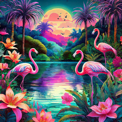 호수, 플라밍고, 화려한 꽃과 열대 식물이 있는 아름다운 마법의 정원 예술 신스웨이브 수직