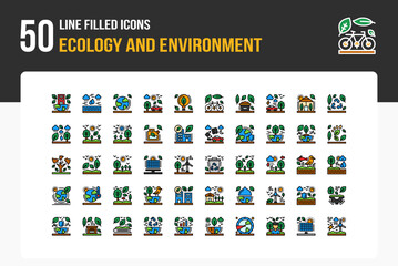Set of 50 Ecology And Environment icons related to Water drop, Lightbulb, Earth globe, Compost Line Filled Icon collection