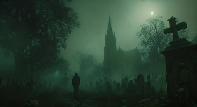A misty graveyard at night, an ethereal figure hovering above the ground
