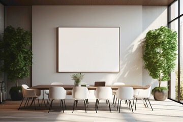 A sophisticated meeting space with a minimalist approach to design. The empty white frame hanging on the wall adds a touch of refinement, ready for personalized artwork.