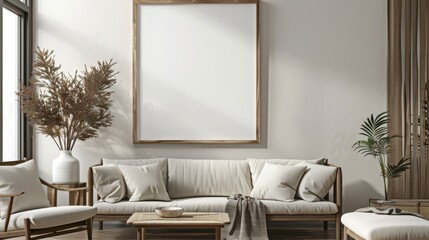 Fototapeta premium Contemporary urban living room with large blank frame on a distressed concrete wall