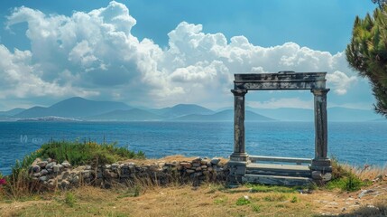 Stone doorway ruin with sea view. Ancient architecture and archeology concept