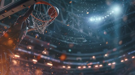 capturing the thrilling moment as basketball flies towards the hoop in an exciting stadium game