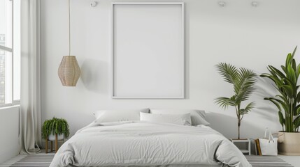 Modern bedroom interior with empty frame on wall, potted plant, and minimalistic furniture