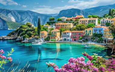 A picturesque view of the colorful houses and lush greenery on the Greek island of Kefalonia, in combination with the clear blue sea, sunny weather, and blooming flowers - obrazy, fototapety, plakaty