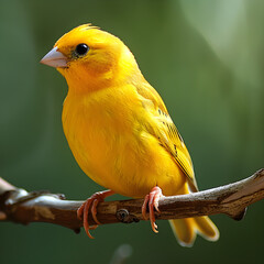 A vibrant canary bird perched in a cage, singing cheerfully. It is a domestic pet known for its small size and bright yellow feathers.