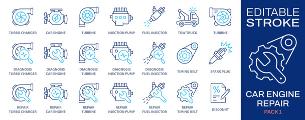 Car engine repair icons, such as turbo charger diagnostics, fuel injector, turbine, spark plug and more. Vector illustration isolated on white. Editable stroke.