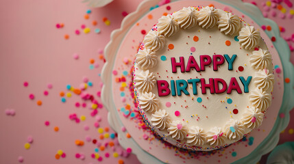 Happy birthday cake, top view text on pink background