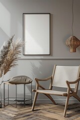 Modern interior design with wooden chair and decorative wall art.