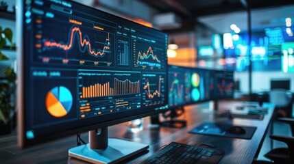 Multiple computer monitors displaying data analysis graphs and charts.