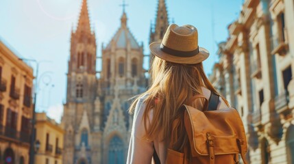 Fototapeta premium tourist girl enjoying vacation in old town with a backpack and discovering hidden gems
