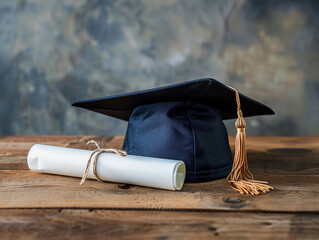 Graduation academic hat and a certificate on a table 
