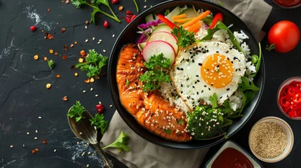 Poster Grilled Salmon Breakfast Bowl With Fried Egg and Vegetables © Prostock-studio