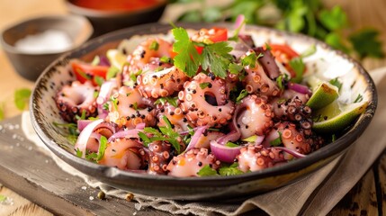 Octopus salad with fresh vegetables in a bowl. Healthy seafood dining
