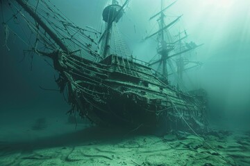 Sunken shipwreck underwater with fish swimming around.