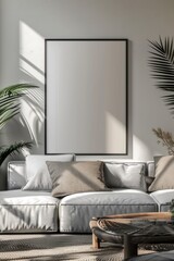Modern interior design with a blank frame on the wall, grey sofa, and houseplants