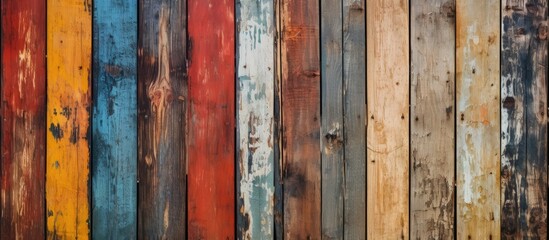 A weathered wooden wall showing signs of age and history, covered in thick layers of colorful paint that have cracked and peeled over time