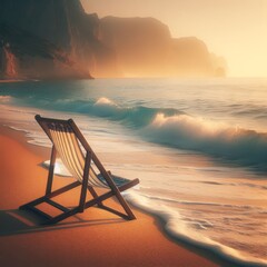 Lone deckchair sits on golden beach as the waves lap
 - obrazy, fototapety, plakaty