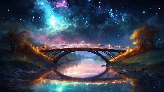 Bridge beside the river with starlight galaxy, celestial beauty, a landscape of tranquility.